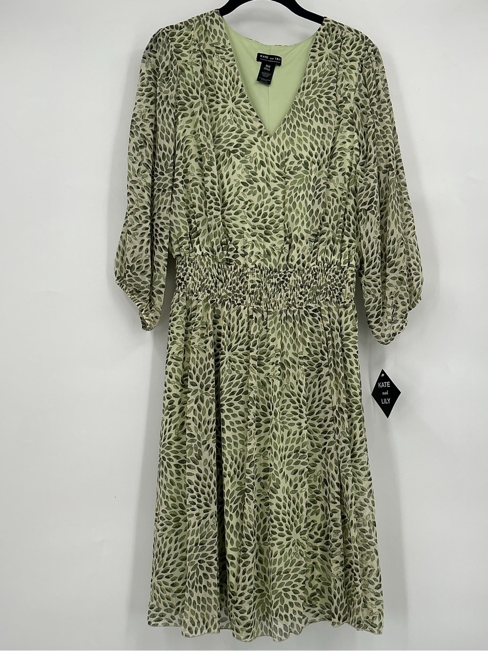 Kate & Lily Green Leaf-Print Smocked Waist V-Neck Midi Dress